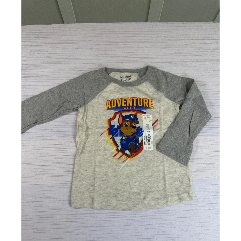 Jumping Beans Paw Patrol Chase Adventure City Raglan Shirt Grey Oatmeal 24M NEW